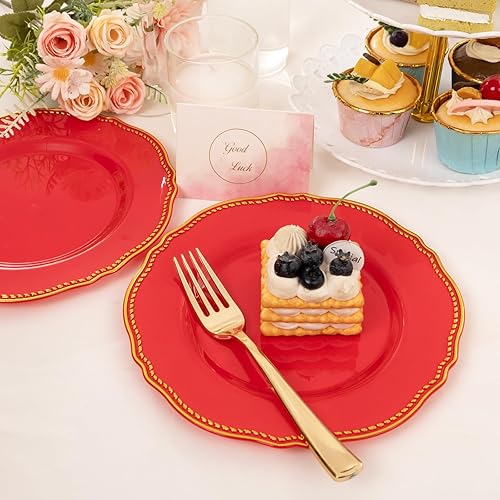 Miniatura 95 de Hioasis 60 platos de plástico dorados, vajilla desechable blanca y dorada con borde dorado, resistente, 10.25 pulgadas, platos llanos para fiestas