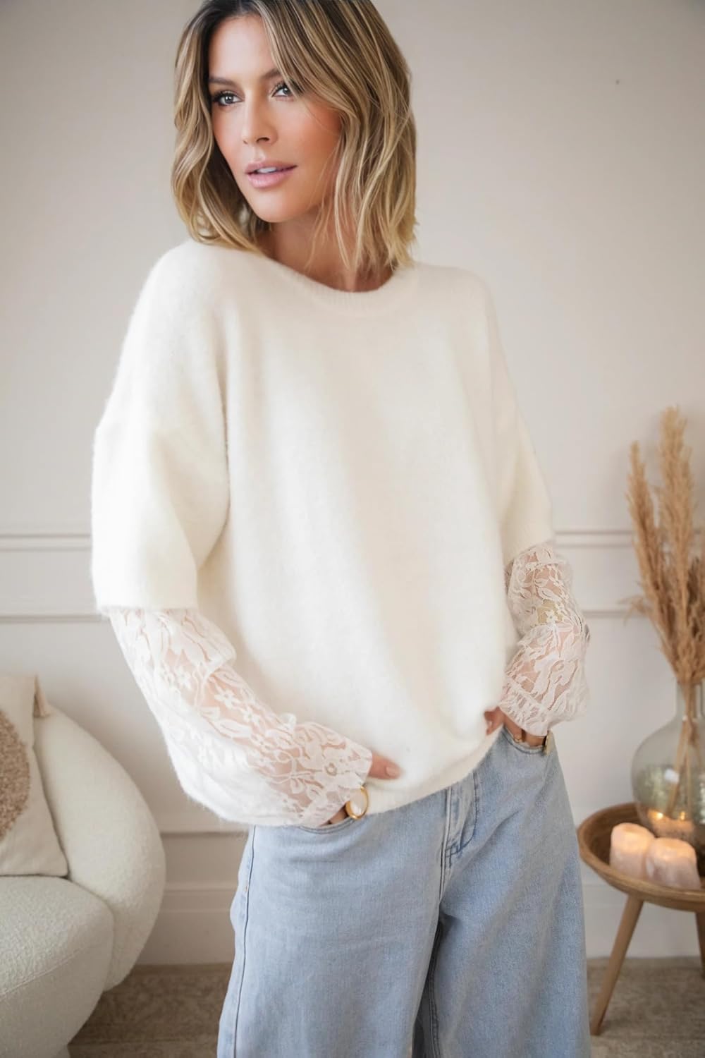 Women's Lace Long Sleeve Sweater Crewneck Casual Loose Ribbed Knit Top - Image 7