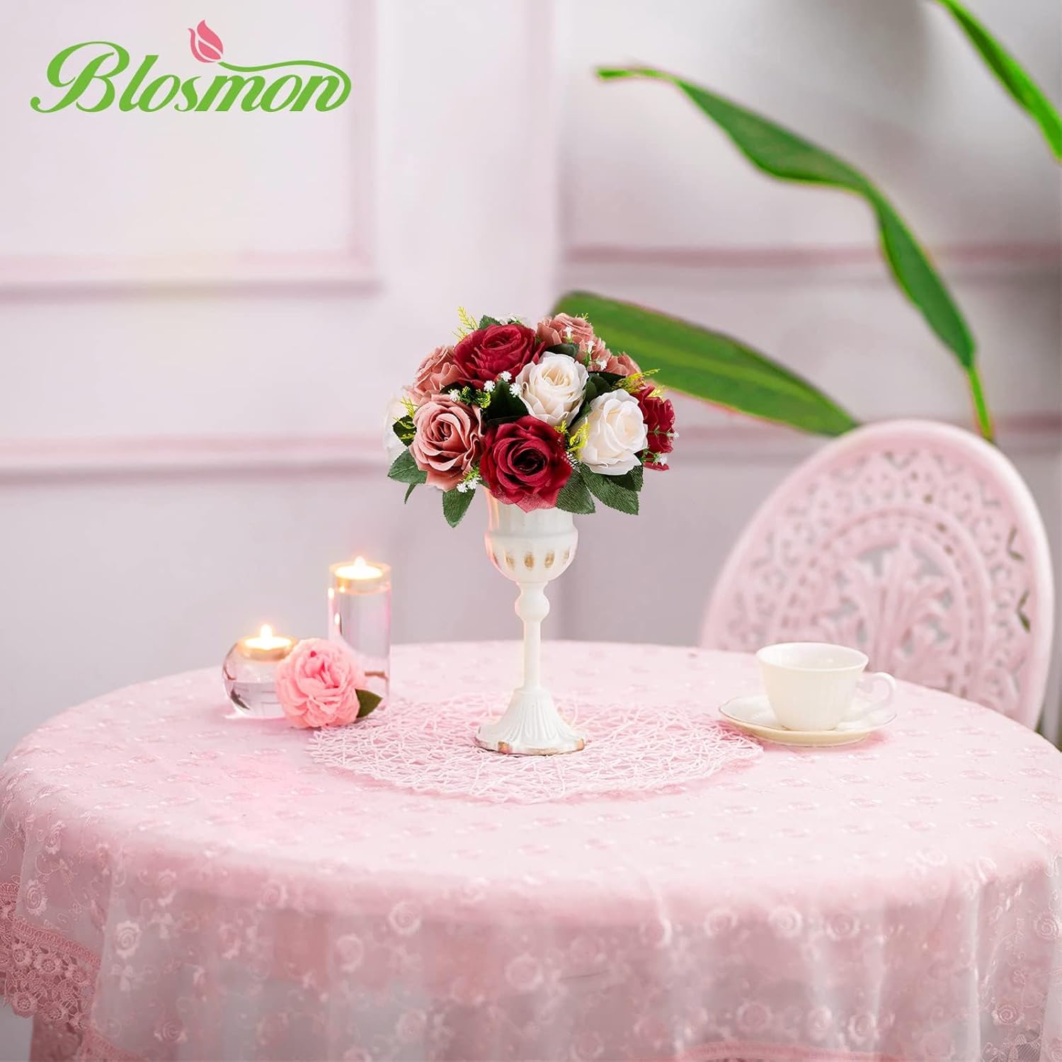 BLOSMON Flower Centerpieces Decoration for Table: 2 Pcs Burgundy & Dusty Rose & Creamy White Fake Roses Kissing Flower for Wedding - Artificial Silk Floral Arrangements Home Party DIY Decoration - Image 4