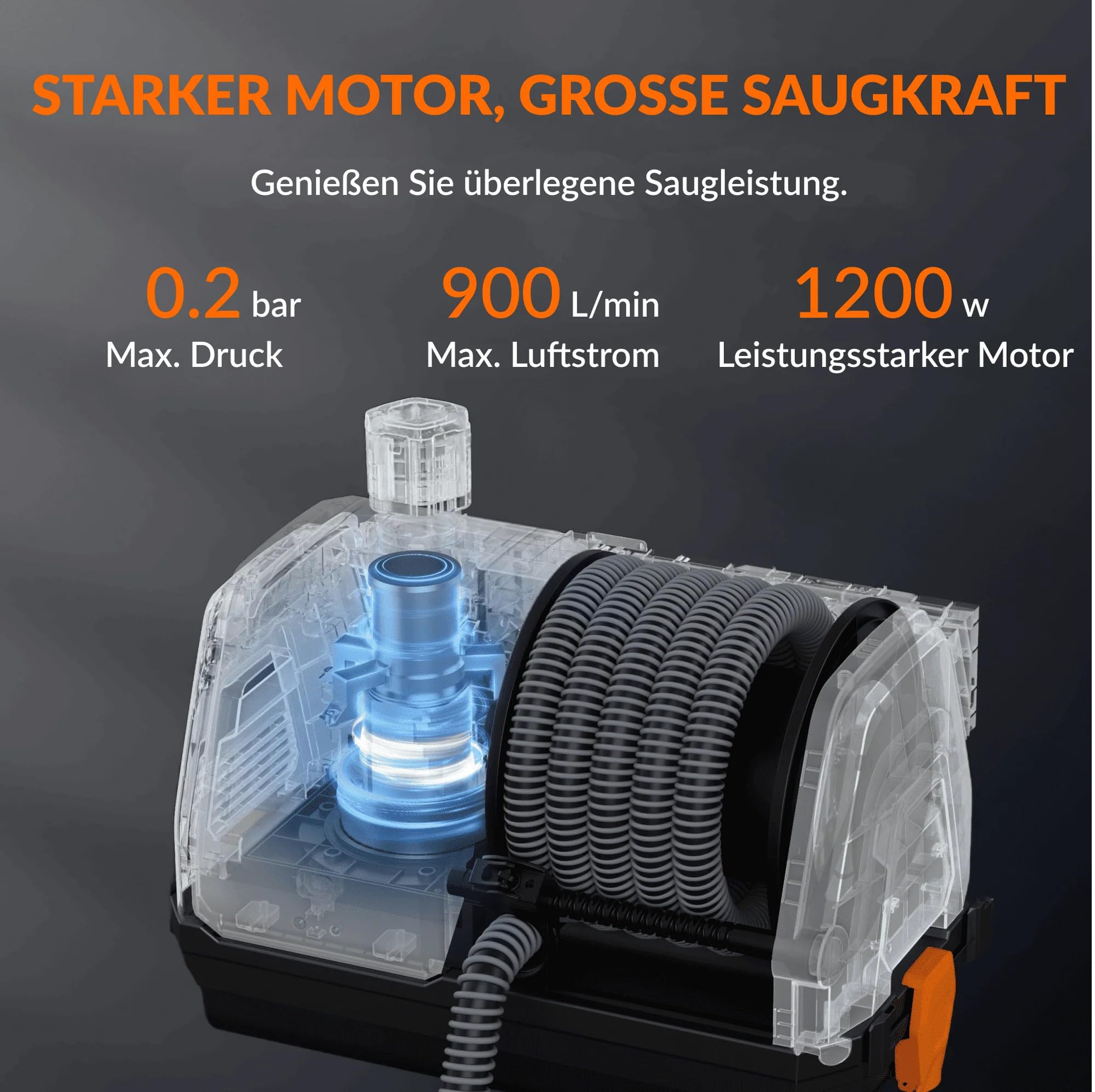 Giraffe Tools Grandstorm Einziehbarer Staubsauger mit 10 m langem, knickfestem Schlauch, wandmontierter Staubsauger mit 6 Düsen für die Garagenreinigung, Fernbedienung, Schwarz