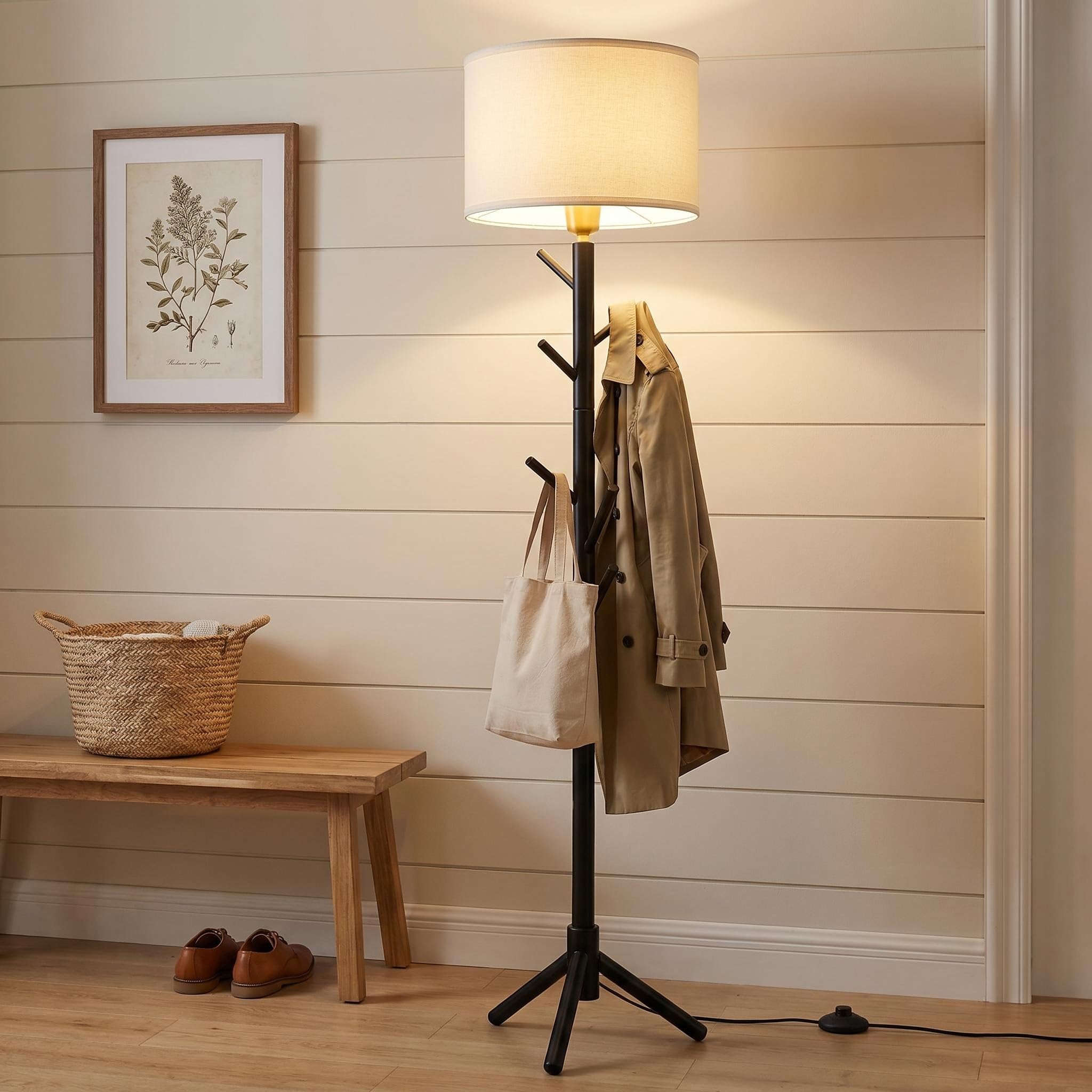 qzjijosen Floor Lamp Coat Stand, 2-In-1 Wooden Free standing Lamp Clothes Clothing Rack With 8 Hooks, Space-Saving Standard Lamp For Living Room Hallway & Small Flats