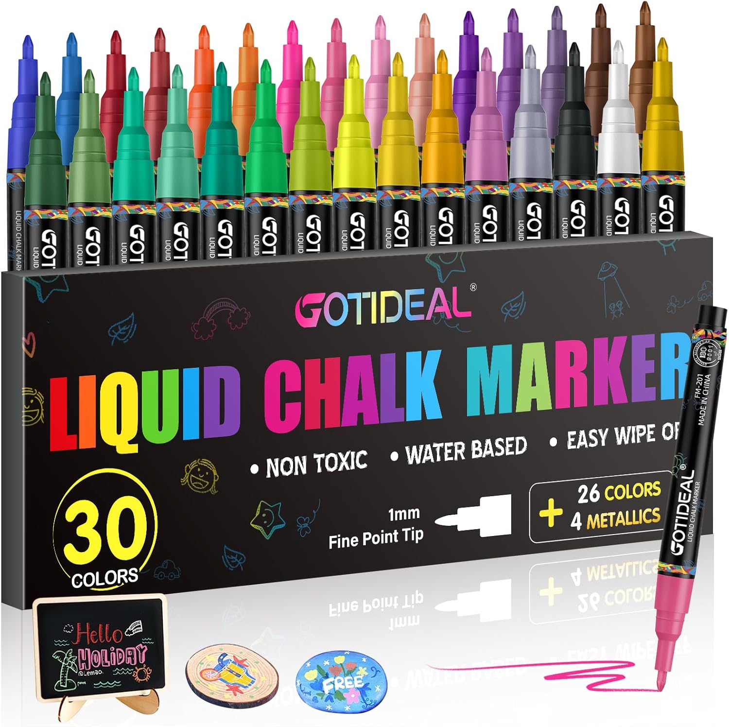 GOTIDEAL Liquid Chalk Markers, Fine Tip Chalk Markers for Blackboard, Erasable Chalk Pen for Chalk Board Window Glass and Acrylic Calendar 1mm 30 Colors