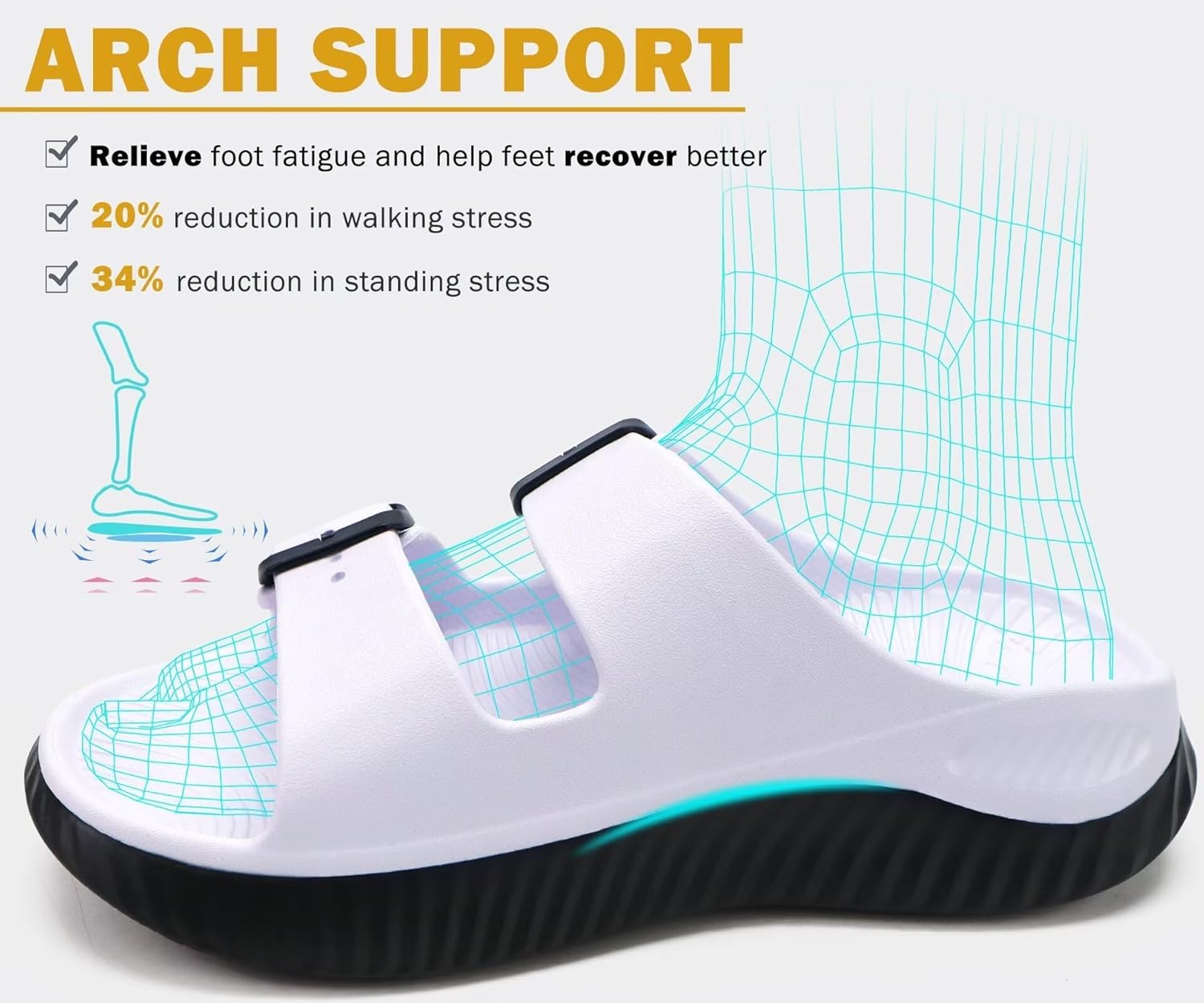 KuaiLu Womens Recovery Sandals With Comfortable Plantar Fasciitis Arch Support, Orthotic Adjustable Thick Cushion Sport Slides Reduces Stress on Feet, Joints & Back Post-Exercise