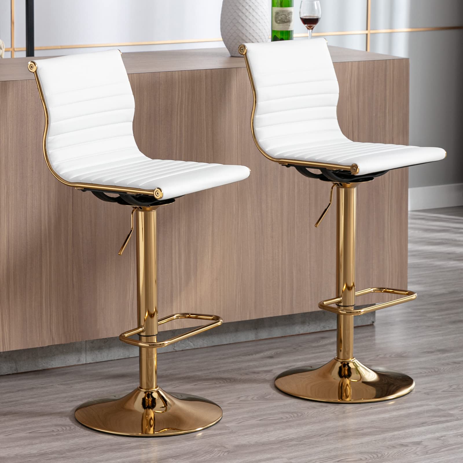 LZAREAL Metal Bar Stools Chairs Set of 2 Height Adjustable Barstools Modern White PU Leather Armless Counter Stool with Golden Base for Kitchen Island