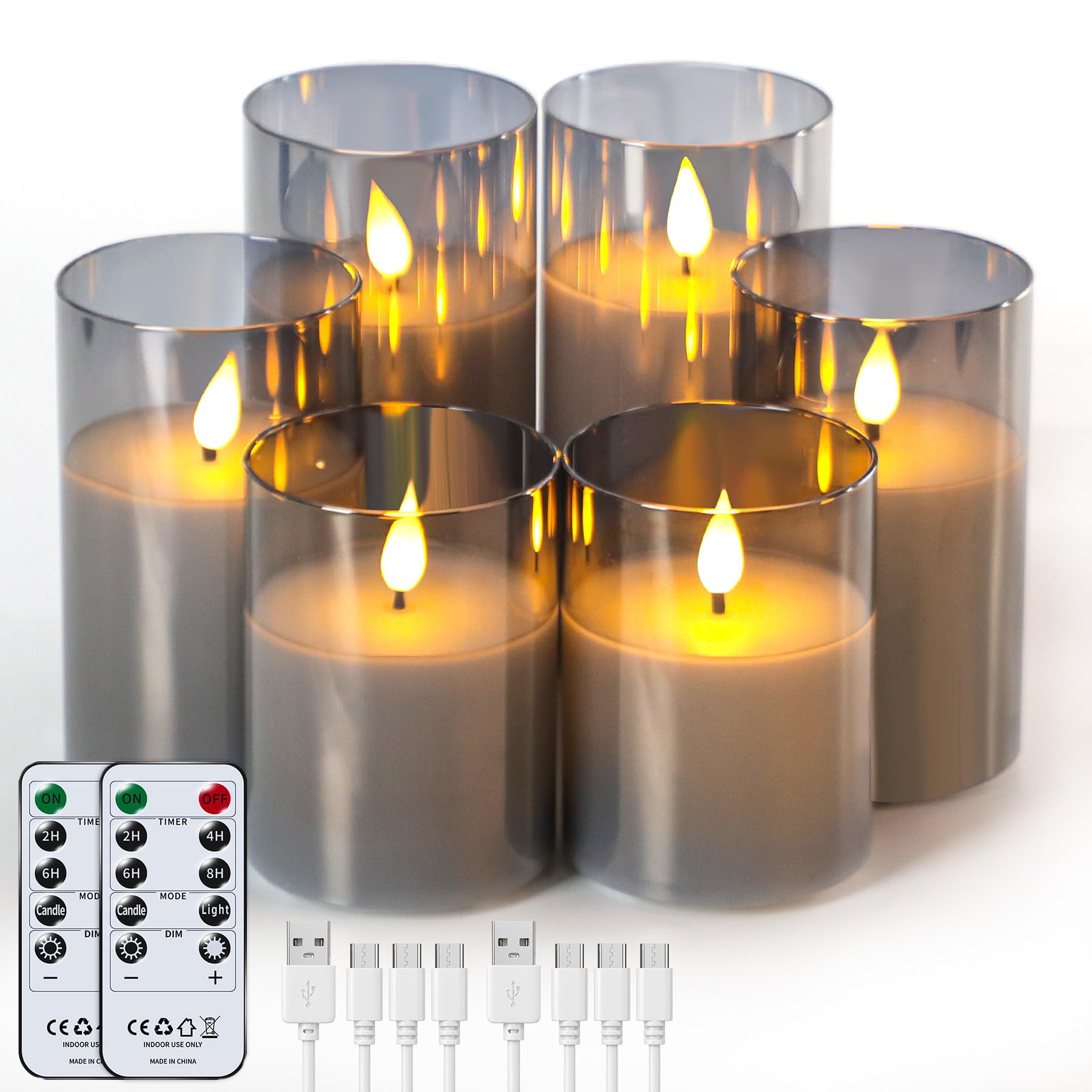 Forever Speed Lot de 6 Verre Gris Bougies LED Rechargeable avec Télécommande, Bougies Sans Flamme Graduable avec Câble de Charge pour Décoration de la Maison, Camping, Mariages, Cadeaux