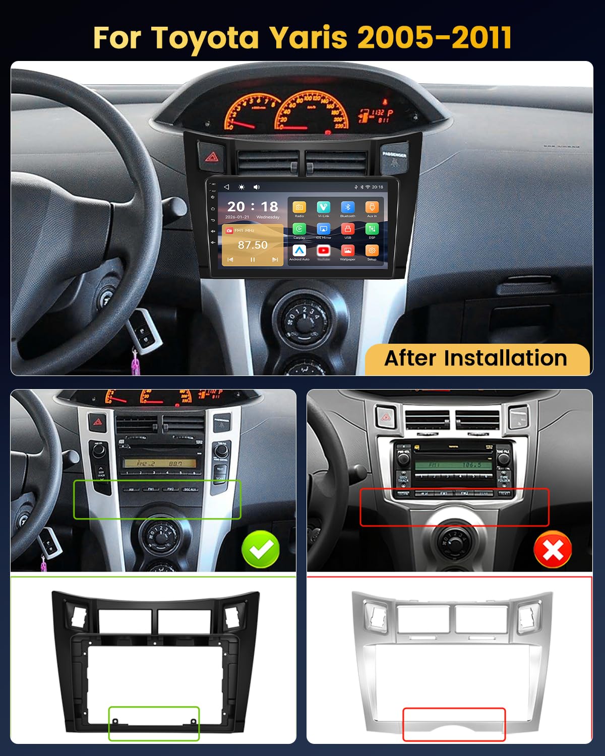 Autoradio per Toyota Yaris 2005-2011 Schermo IPS 9" Touch Apple CarPlay e Android Auto Radio Bluetooth 5.1 FM RDS DSP Comandi al Volante Telecamera Retromarcia