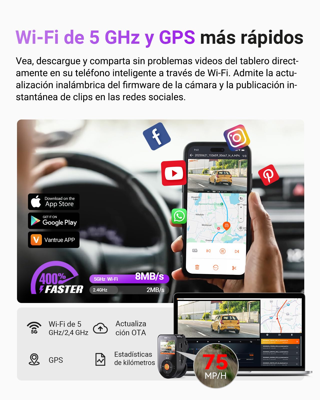VANTRUE S1 Pro Cámara para Coche, 2,5K 60FPS, 5G WiFi GPS, ADAS, STARVIS 2, visión Nocturna Platepix, G-Sensor dashcam cámara Coche, Monitor de Aparcamiento 24H, Control por Voz & App, máx. 1 TB
