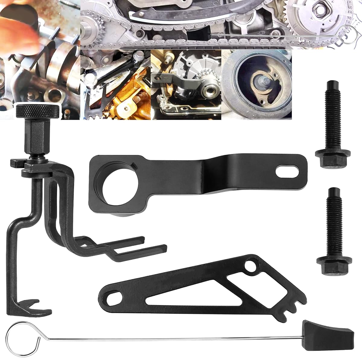 Herramientas de correa de distribución compatibles con Ford 4.6L/5.4L 3V Válvula de motor Resorte Compresor Leva Phaser Sujeción Cadena de distribución Cuña de bloqueo Cigüeñal Posicionamiento Llave Soporte Polea Perno Juego de herramientas