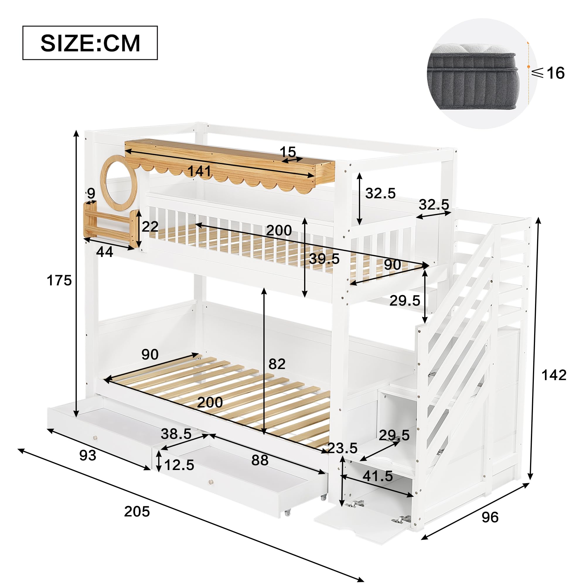 Dolamaní Cama infantil litera, 90 x 200 cm, litera para 2 niños y 2 cajones con ruedas, cama de casa con espacio de almacenamiento, escalera de madera de pino MDF, cama para niñas (sin colchón