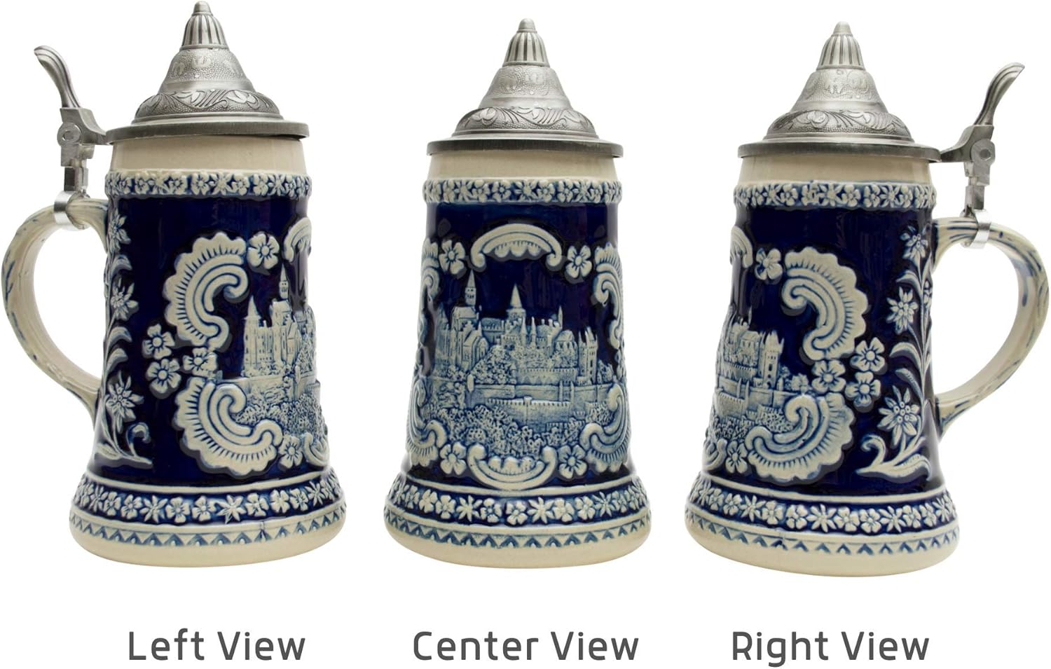 Essence of Europe Gifts 0.6 Liter German Beer Stein with Lid - Cobalt Blue Hand Painted Engraved Mug Beer Steins - Oktoberfest Ceramic Tankard Beer Mug