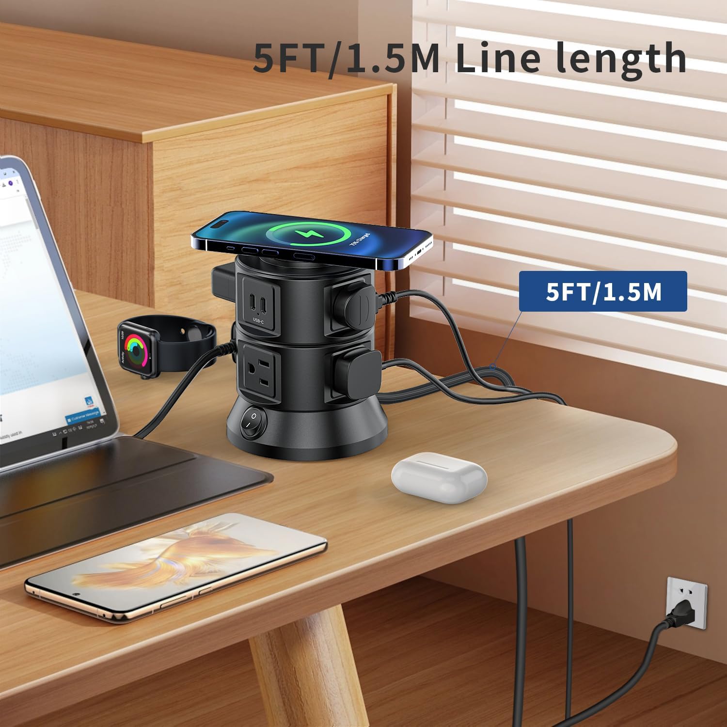 Power Strip Tower 1875W 15A with 15W Magnetic Wireless Charger, Dual-Layer Rotatable Design, 540 Joules Surge Protector Tower with 6 AC Outlets and 4 USB Ports(2USBA+2USBC), 5FT Braided Extension Cord