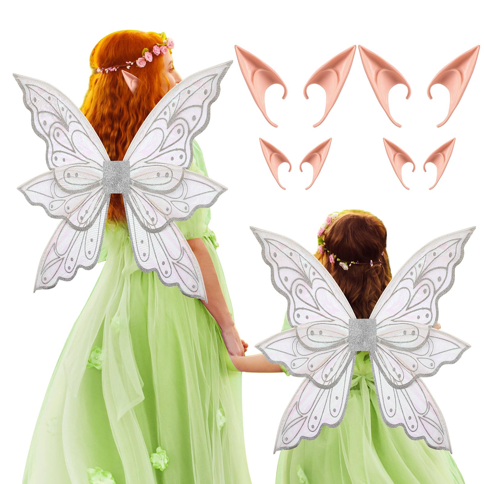 2 Set Glitter Fairy Wings with Elf Ears Butterfly Wing Mum Daughter Halloween Fairy Costume for Girl Women