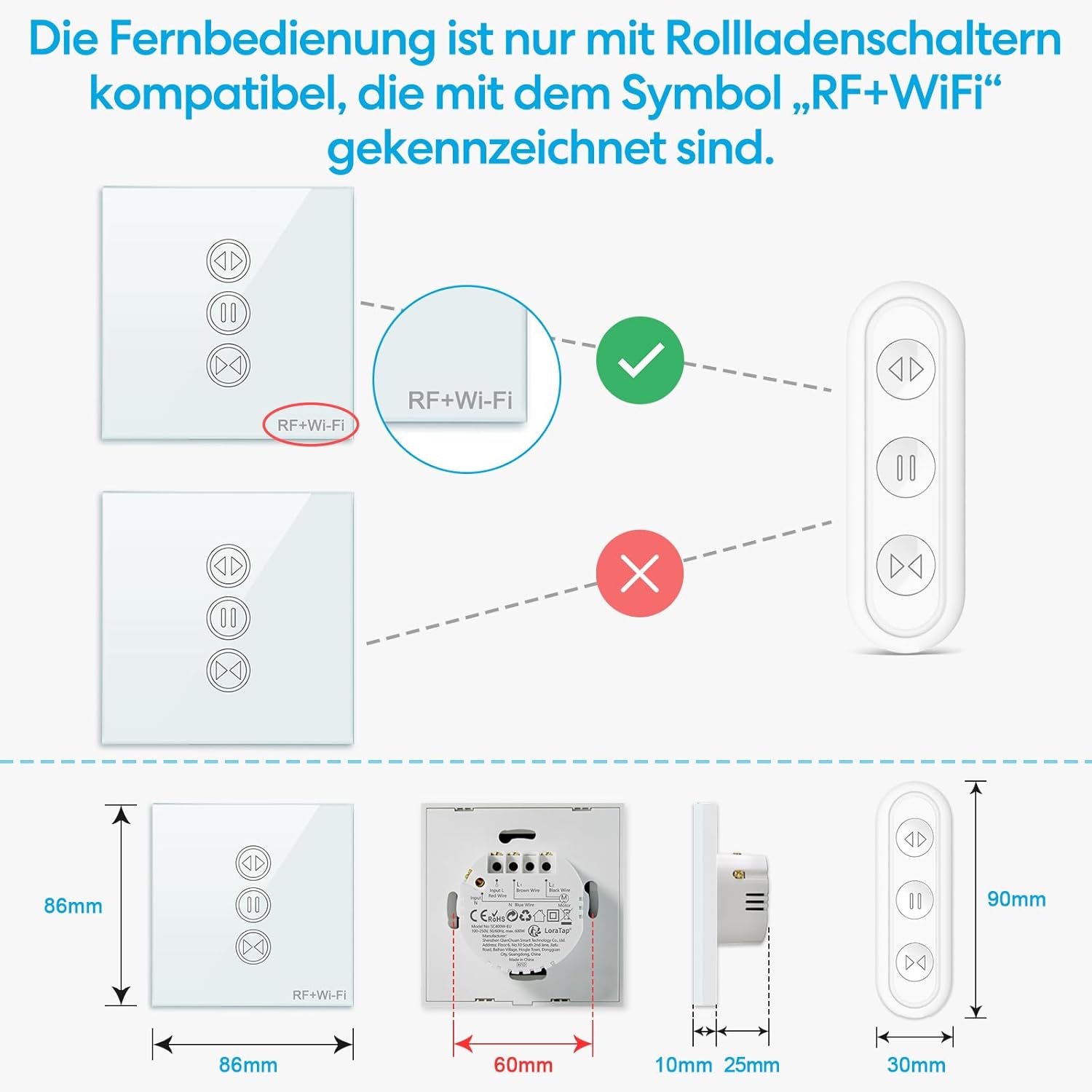 Diagram showing compatibility of the remote control only with switches marked 'RF+Wi-Fi', along with dimensions of the switch and remote.
