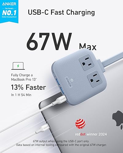 Miniatura 2 de Anker Estación de carga nano (67 W máximo), tira de alimentación 6 en 1 para iPhone 1615, MacBook, con enchufe plano y cable de extensión delgado no