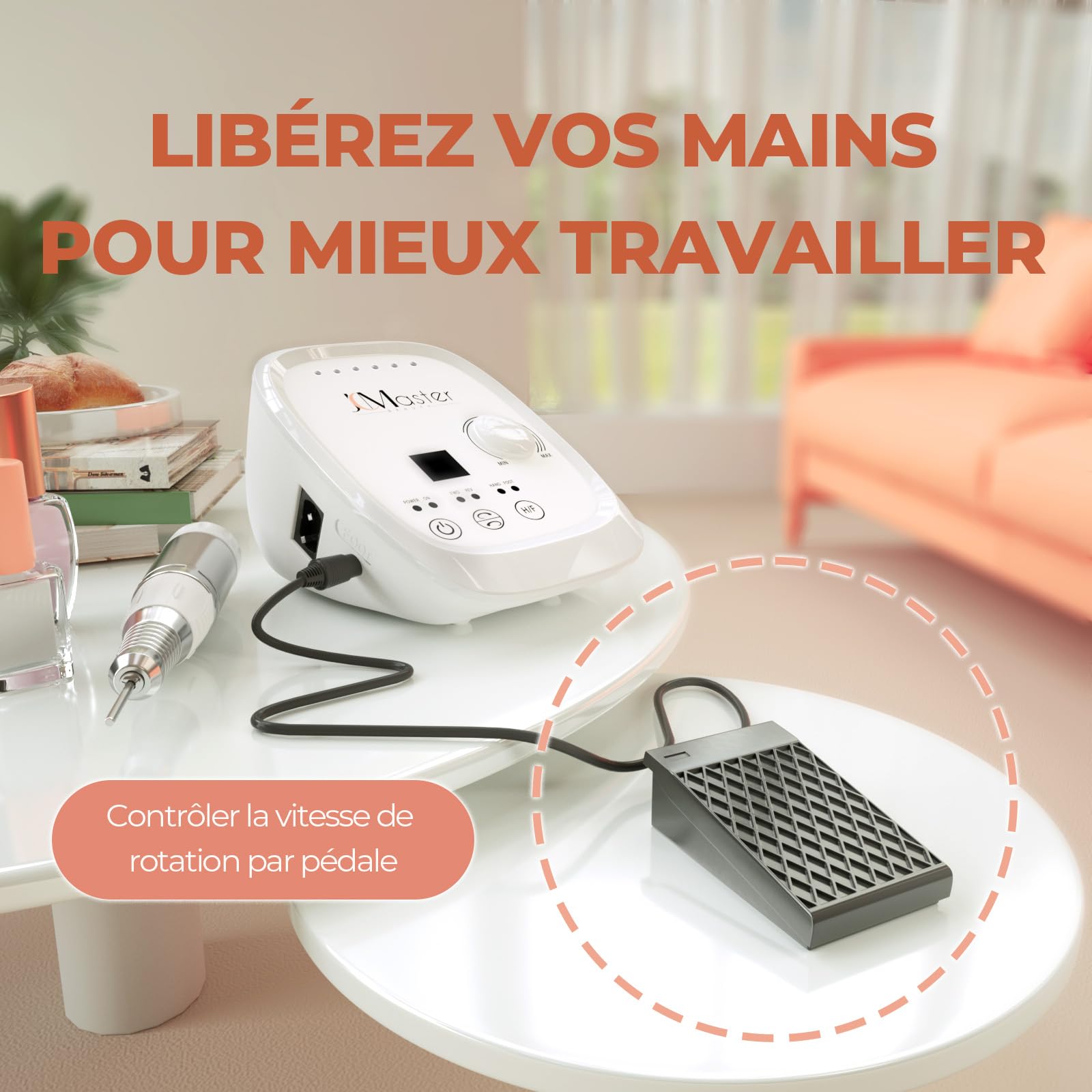 JCMASTER Ponceuse pour Ongles Professionnelle, 35000 tr/min Lime à Ongles Électrique avec Pédale + 6 Embouts Set Manucure Pédicure pour Retirer le Vernis/Gel/Cuticules