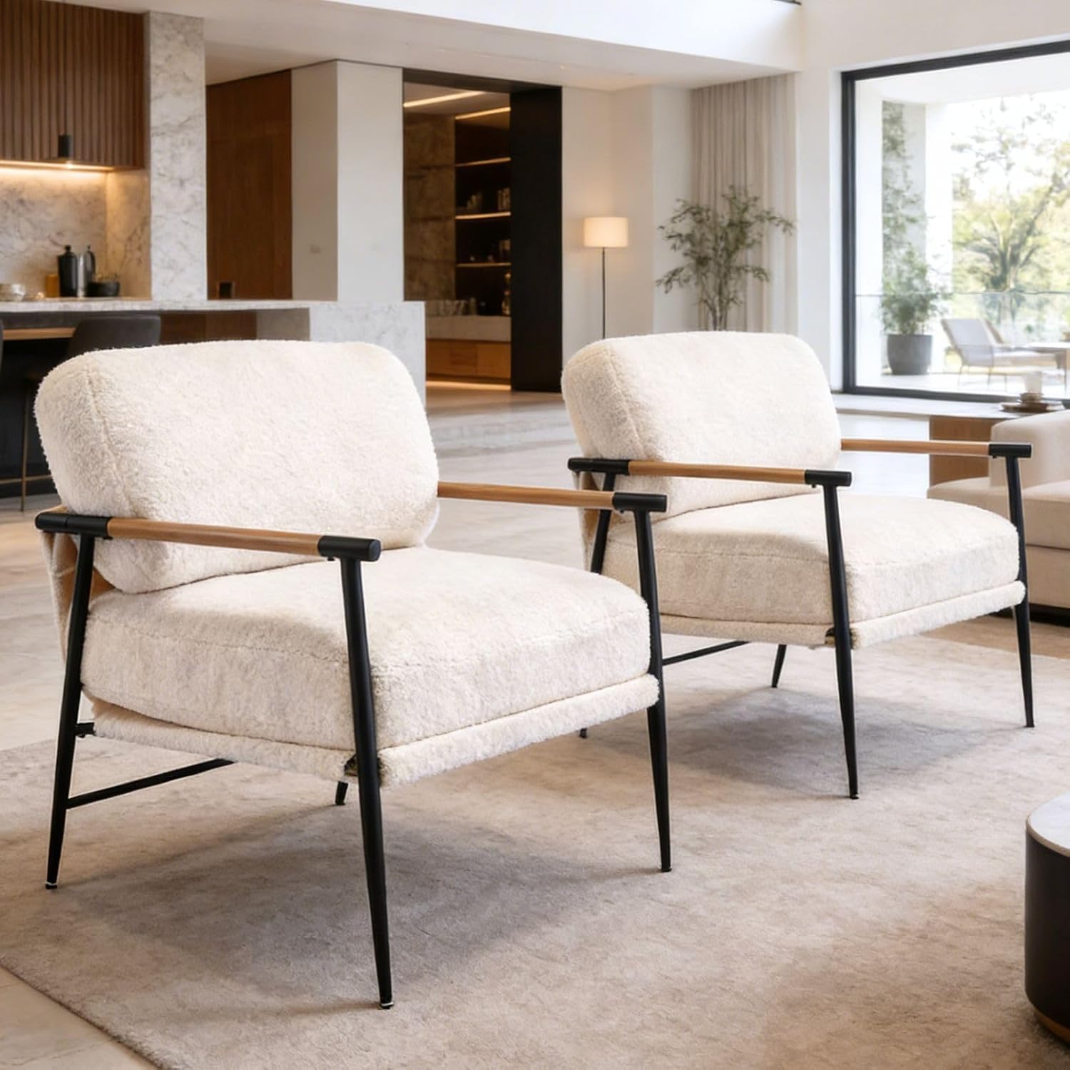 DUOMAY Mid-Century Modern Accent Chair Set of 2, Plush Sherpa Upholstery Lounge Chairs with Black Metal Legs for Living Room Bedroom Office (White)