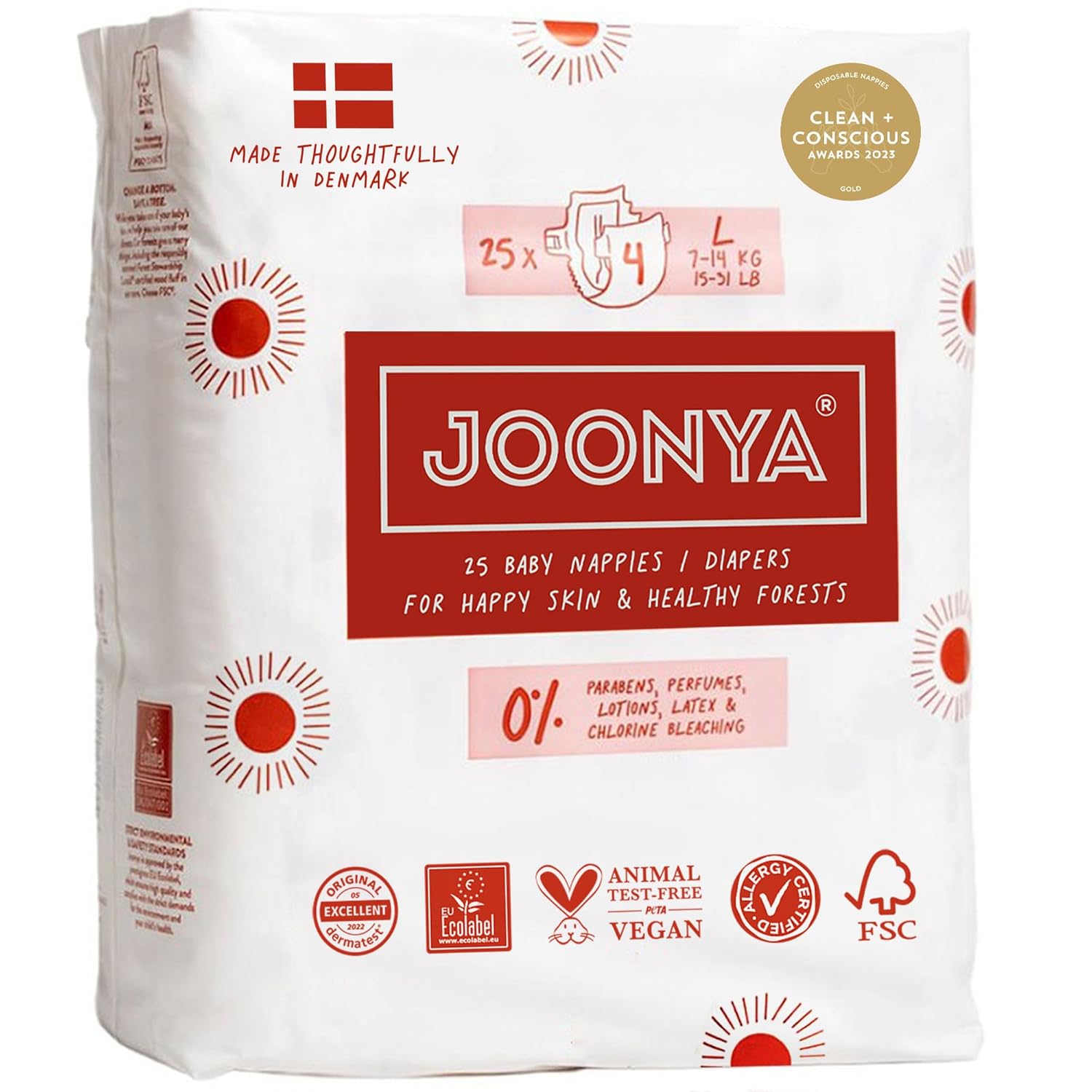 Joonya Baby Diapers, Size 4 L (15-31 lb) - 1 Bag of 25 - Non Toxic, Eco-Friendly, High Absorbency, Overnight Use, Ultra Slim & Soft - Made in Denmark