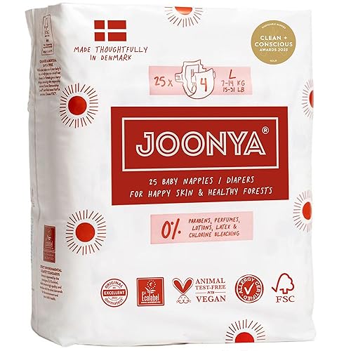 Joonya Pañales para bebé, tamaño 4 L (15-31 libras), 1 bolsa de 25 unidades, no tóxicos, ecológicos, ultra delgados, para uso nocturno, fabricados