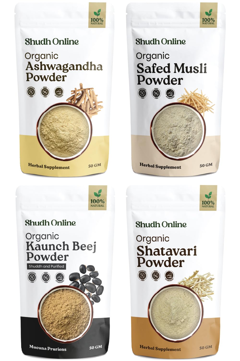 Shudh Online Safed Musli, Ashwagandha, Kaunch, Shatavari Powder Combo (Pack of 50 grams x 4 combo)