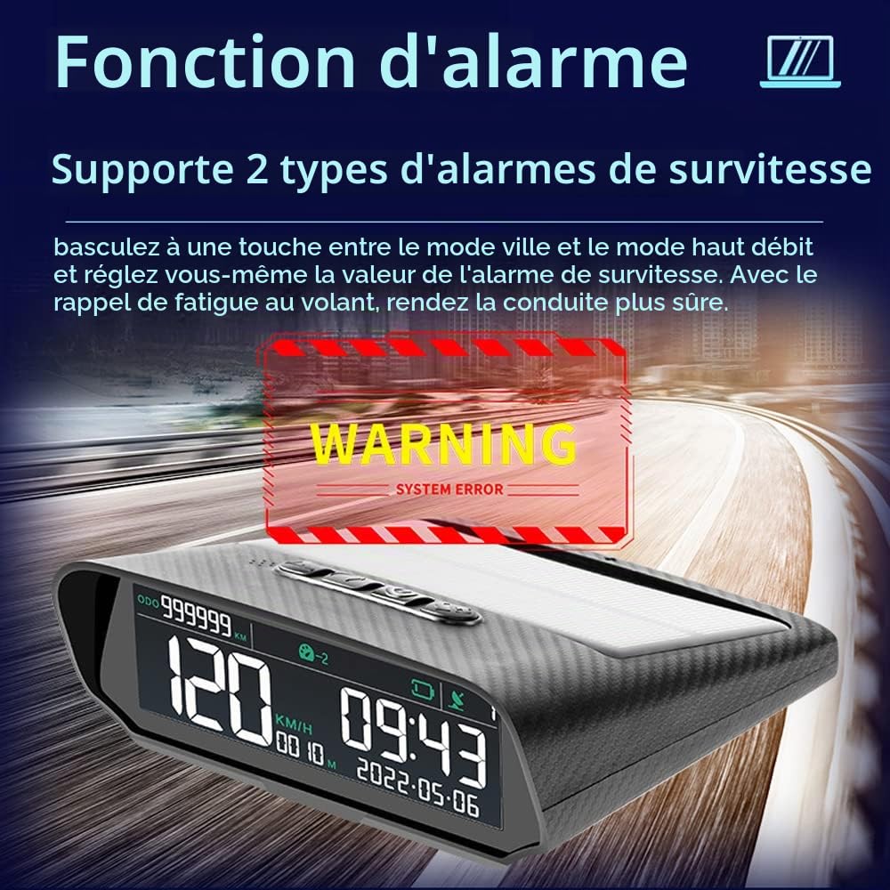 Affichage tête Haute sans Fil pour Voiture Compteur de Vitesse numérique GPS Solaire avec Alarme de survitesse à écran LCD Affichage kilométrage Total/Heure/Altitude/Vitesse
