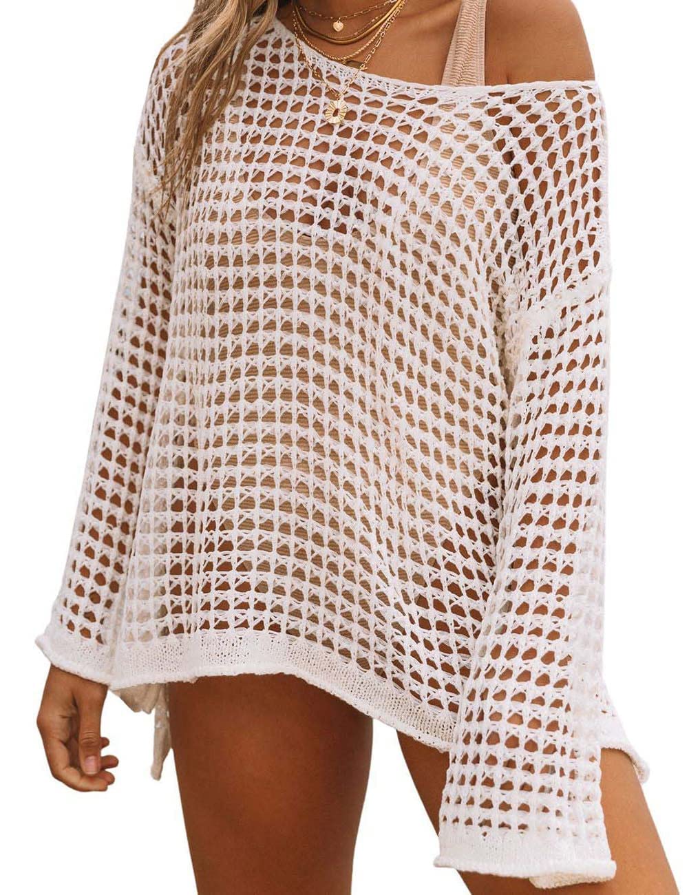 Rayson Vestido de Playa Mujer Bikini Cover Up Fuera del Hombro Elegante Crochet Mangas Largas Sueltas Playa Hueco Traje de Baño