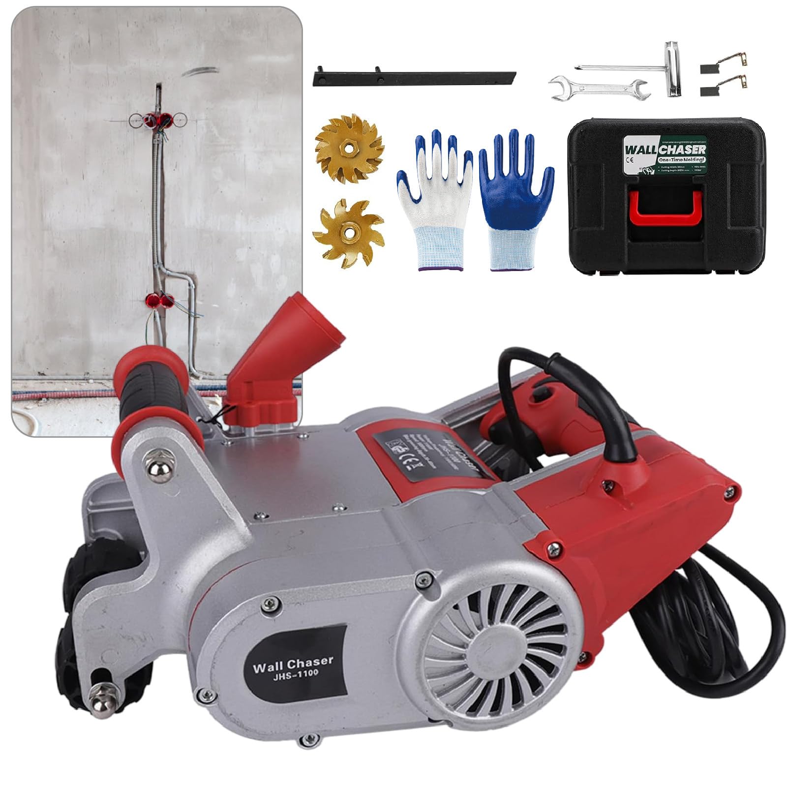 SENJINGHUA Electric Concrete Cutting Machine, 1100W Electric Wall Groove Cutting Machine, 2000 RPM Concrete Cutting Slotting Machine, 15-30mm Adjustable Depth Red-220V