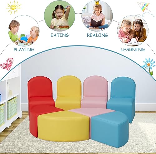 Miniatura 7 de kinbor Sofá infantil de 8 piezas, juego de asientos flexibles modulares para preescolar, sala de juegos, aula, sofá multifuncional para niños,