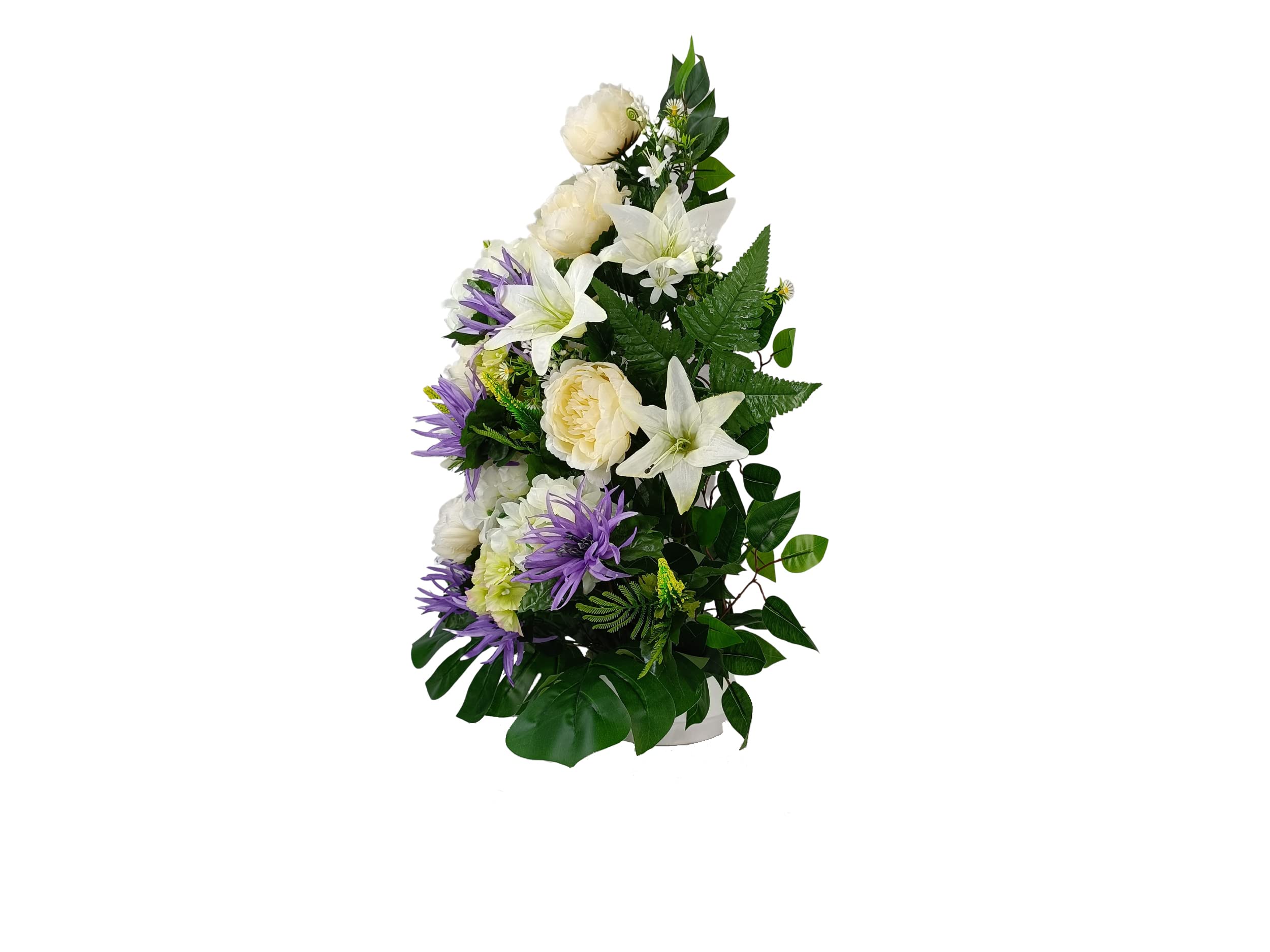 DRW Centro de Flores Artificiales para Cementerio Iglesias Bodas Centro de Flores para los Santos Beige Morado y Blanco 75x55 cm