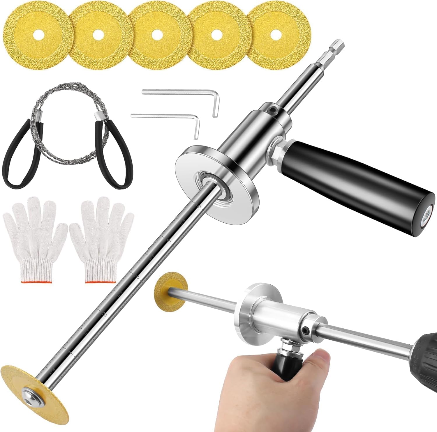Inside PVC Pipe Cutter for PVC Pipe, Pipe Cutter Tool Kit with Adjustable Depth Gauge, 5 Diamond Grit Blades, 2 Hex Shank, Wire Saw and Gloves，Professional Internal Cutter Tool for ABS, PVC Pipe