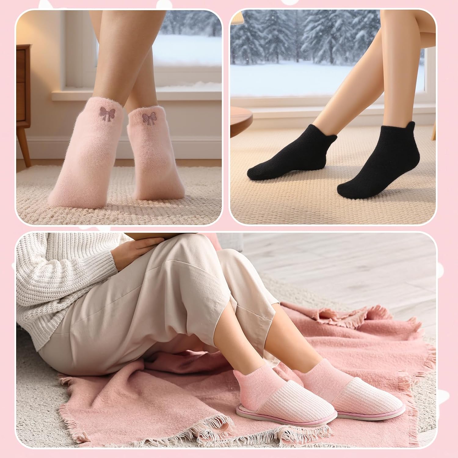 Jspupifip 5 Pairs Women Bow Fuzzy Socks, Pink Cozy Warm Fluffy Socks Bow Winter Fuzzy Sock for Women Girls Home Sleeping