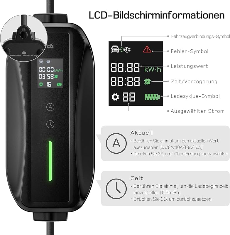 dé Type 2 Elektromos Autó Töltőkábel Schuko 3.68 kW Digitális Kijelzővel - 6m Hordozható EV Töltő Peugeot, Citroën, Mercedes, Audi, BMW, VW