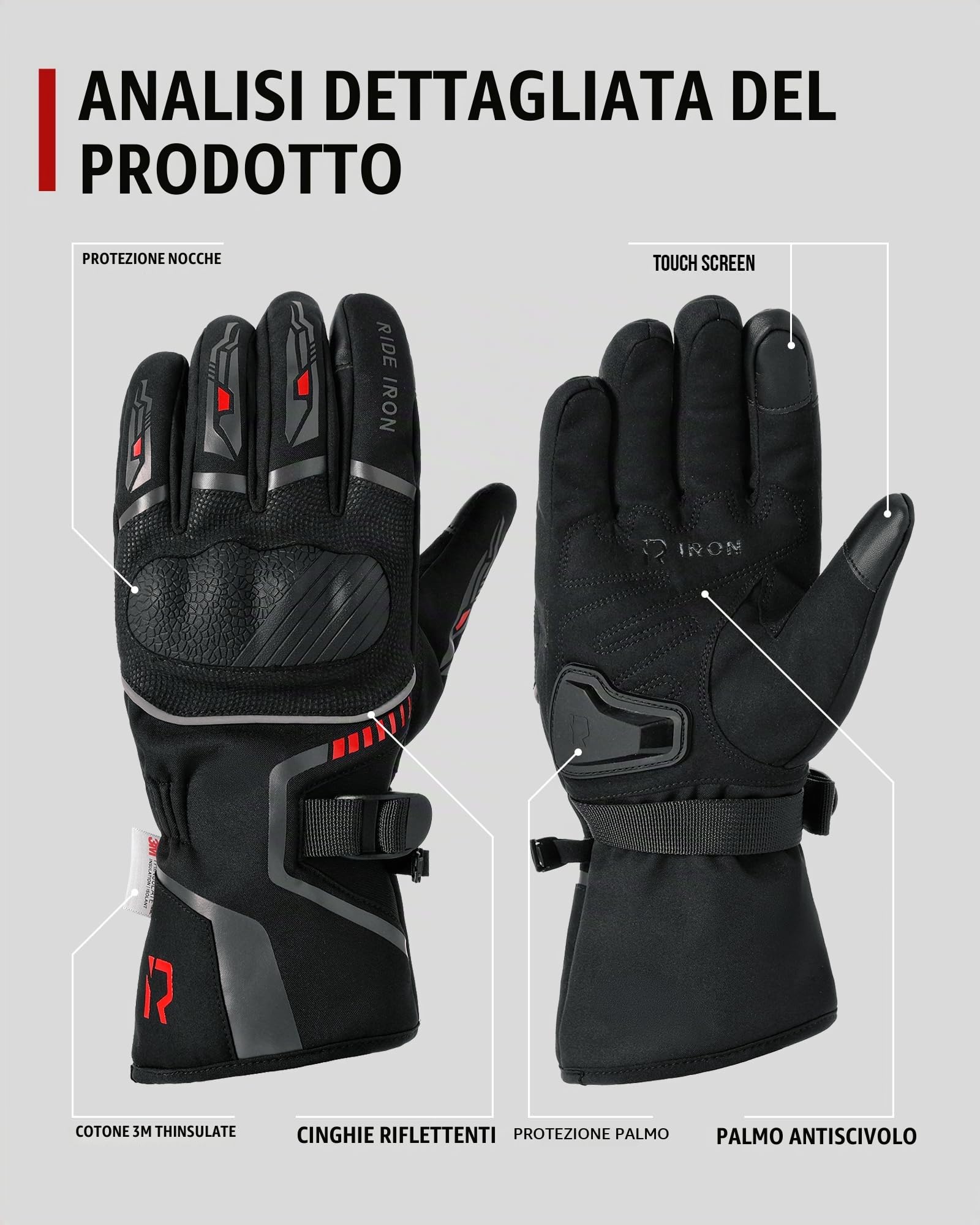 RIDEIRON Guanti moto invernali uomo donna,Antivento,leggeri e caldi con touchscreen per motociclismo,escursionismo e altri sport all'aperto
