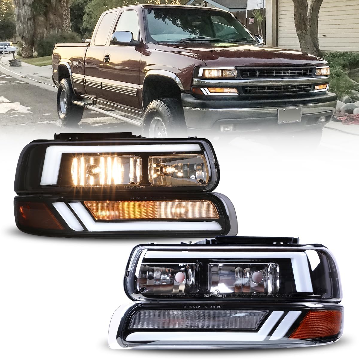 Winjet LED Headlights For 1999-2002 Chevy Silverado 1500/2500, Bumper Lights For 2001-2002 Silverado 1500HD/2500HD/3500, LED Bar Front Lamps For 2000-2006 Chevy Tahoe/Suburban 1500 2500