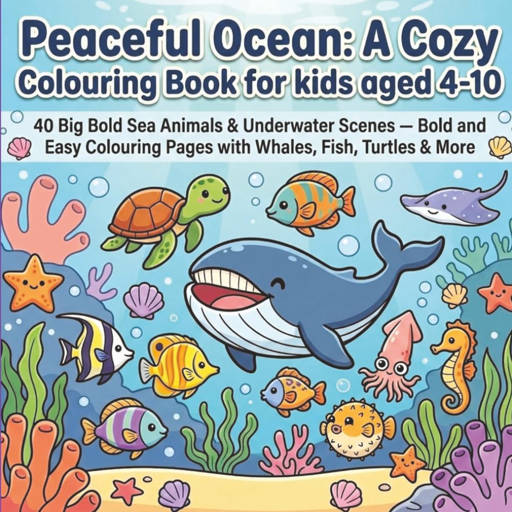 Peaceful Ocean: A Cozy Colouring Book for Kids Aged 4-10: 40 Big Bold Sea Animals & Underwater Scenes and - Bold and Easy Colouring Pages With Whales, Fish, Turtles & More