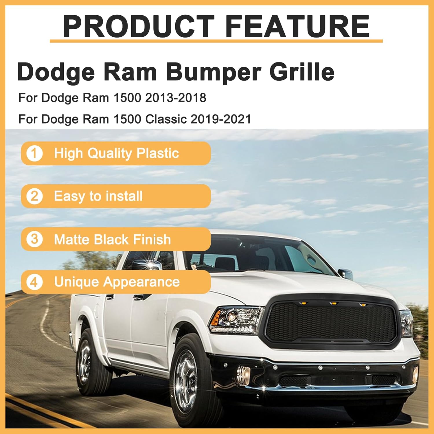 Front Honeycomb Grill for Dodge Ram 1500 2013-2018 Dodge Ram 1500 Classic 2019-2021 Grille Matte Black with LED Lights