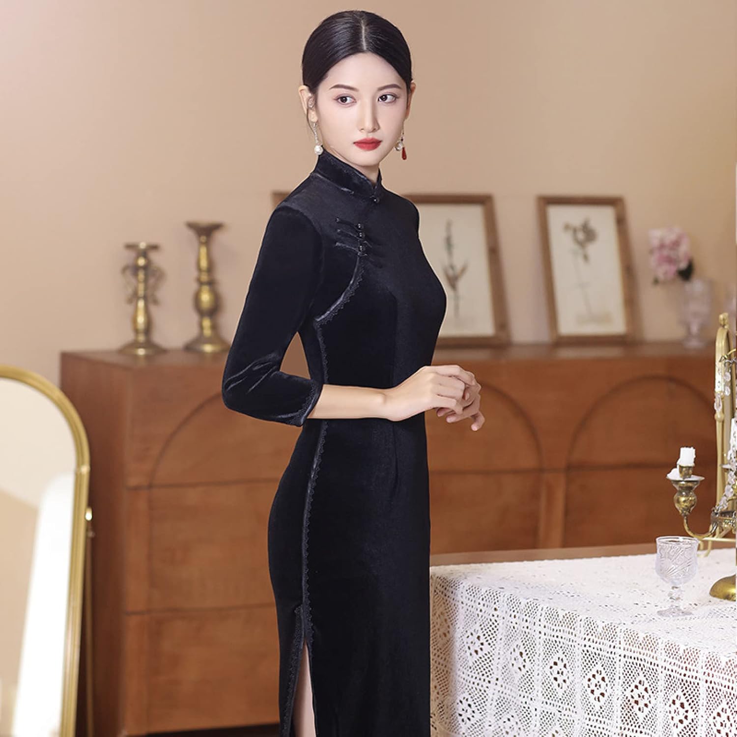 CBROOT Women's Chinese Cheongsam Dress - Autumn Winter Velvet Long Sleeve Slim Cheongsam Fashion Long Retro Style Dre