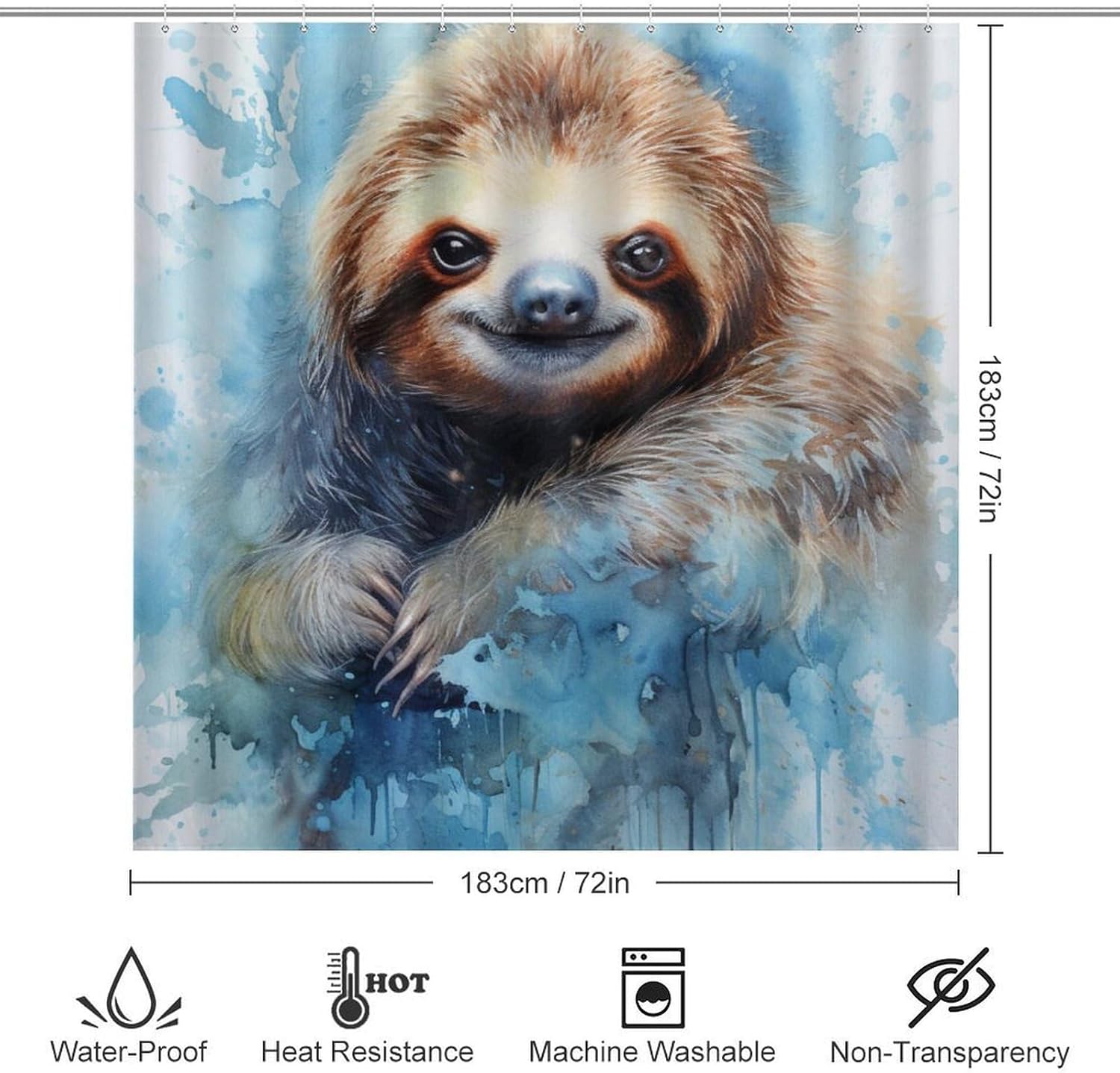 4 Pcs Sloth Shower Curtain Sets, Watercolor Cute Animal Print Bathroom Set Shower Curtain Set with Rugs and Accessories, Bathroom Decor with Bath Mats Toilet Lid Cover