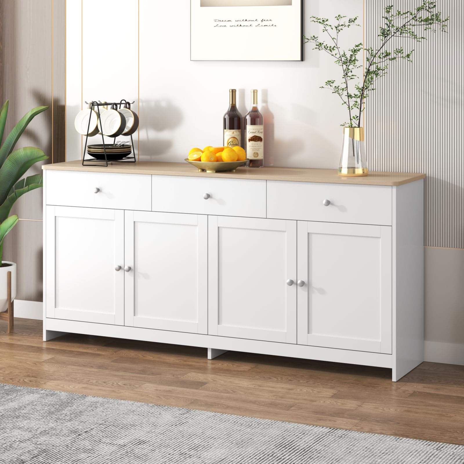 Credenza Cucina, Credenza Buffet con 4 Ante e 3 Cassetti, Ideale per Soggiorno, Ingresso, Foyer e Sala da Pranzo, Stile Country, 160x37x75cm, Colore Bianco