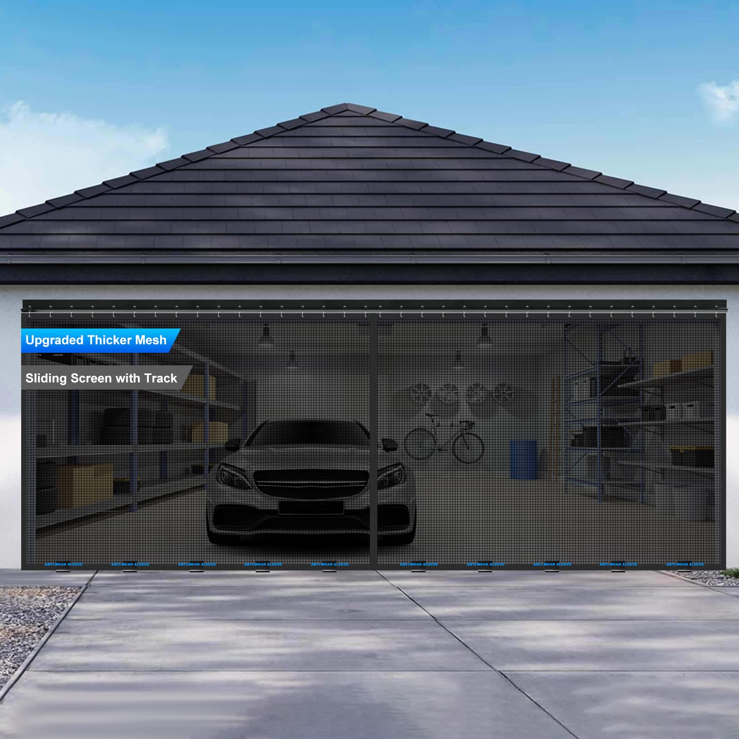 sliding garage door screen 16x7ft for 2 car garage doors, magnetic garage screen door with track closure, thicker 265g/? mesh, 16x7ft retractable garage door screen(patent has been published)