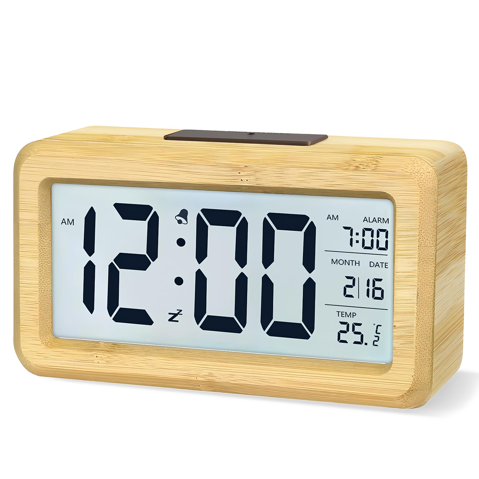 aboveClock Wecker Digital, Digitaler Wecker Holz mit Große Temperaturanzeige, Tischuhr mit Snooze, Datum, Helligkeit Regelbar für Nachttisch und Büro【Bambus | 3 AAA-Batterien Erforderlich】
