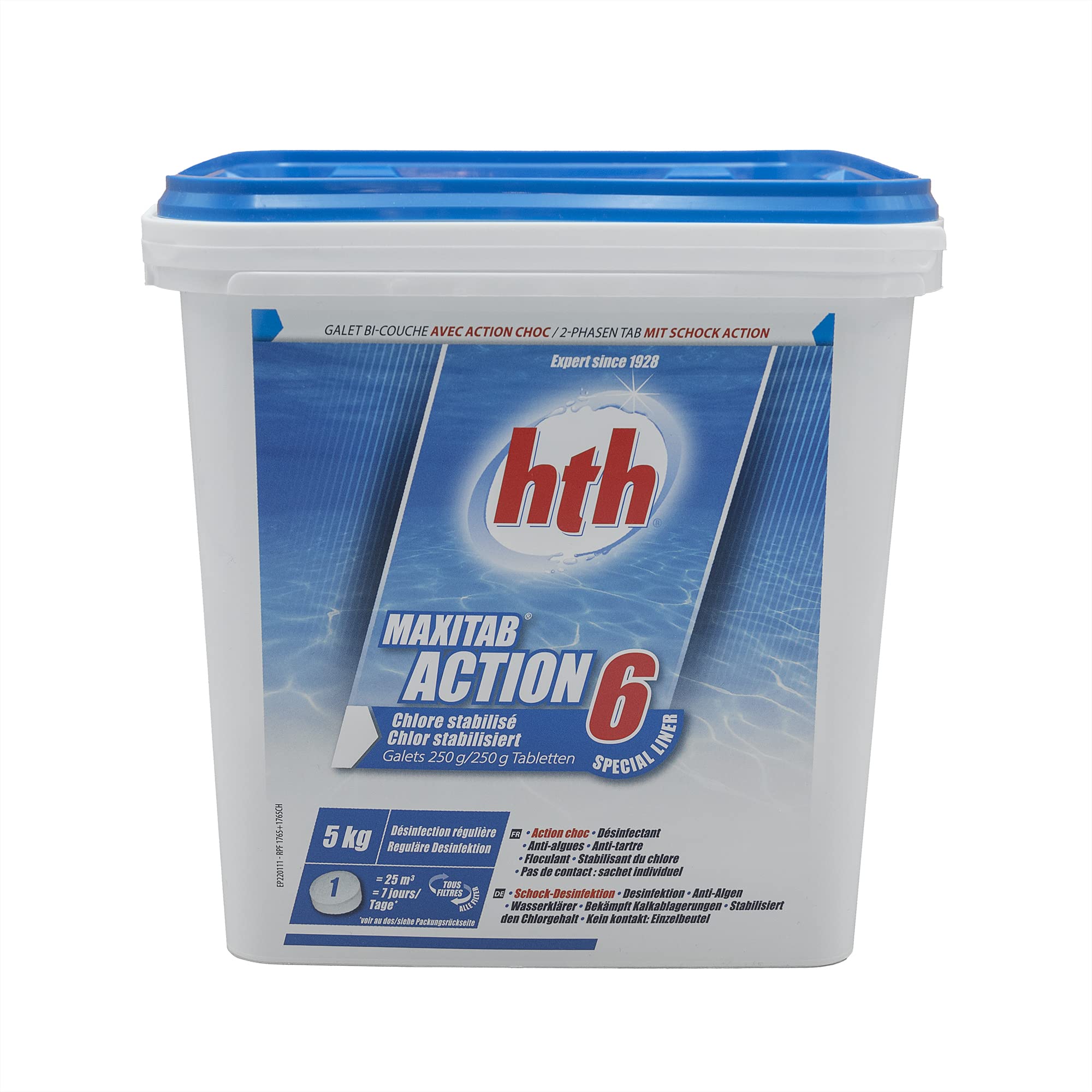 HTH MAXITAB Action 6 Galet 250g Bi-Couche Spécial Liner - 5kg | Chlore Lent stabilisé Multiaction - Désinfection Régulière Multifonction avec Action Choc + 10 Tests HPS OFFERTS 6 en 1