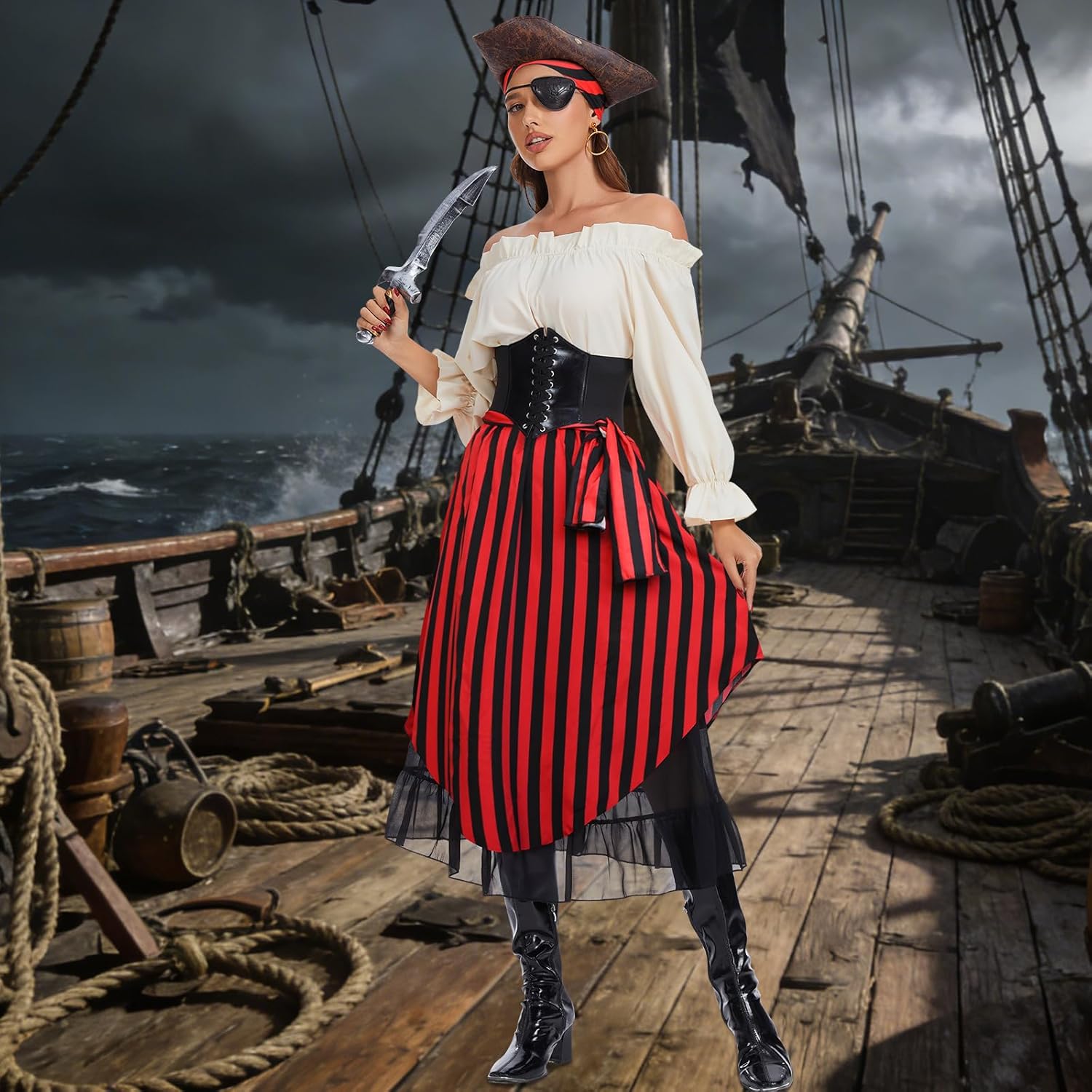 7Pcs Womens Pirate Costume with Accessories Renaissance Blouse Tops Skirt Medieval Belt Headscarf Full Outfit - Image 7
