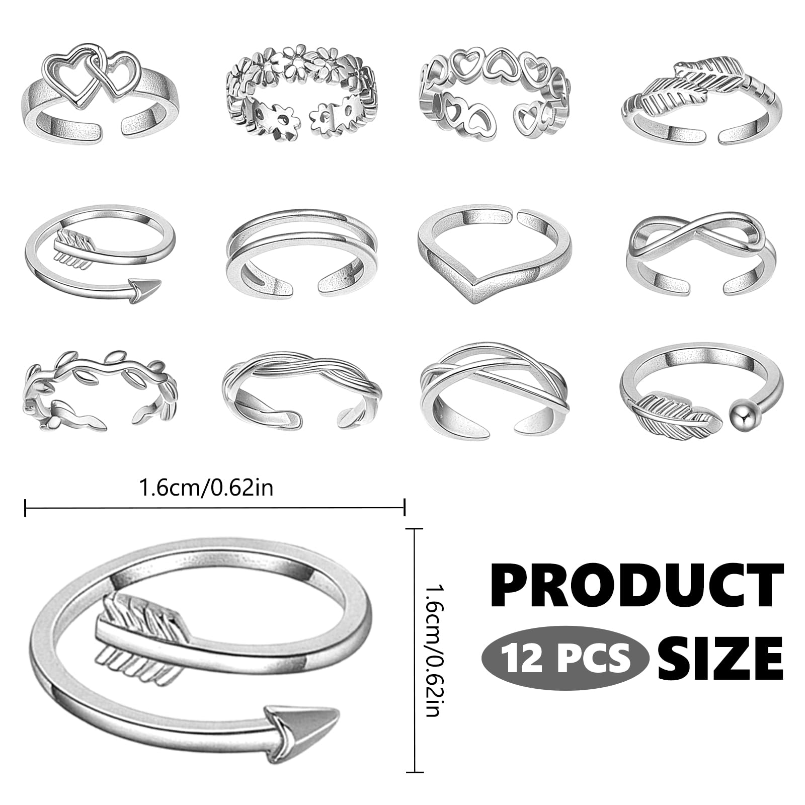 12 Piezas Anillos para el Dedo del Pie Mujer, Anillos de Dedo Ajustables, Anillo de Dedo del Pie Abiertos, Joyería Regalo Amistad San Valentín Día de la Madre, Plata