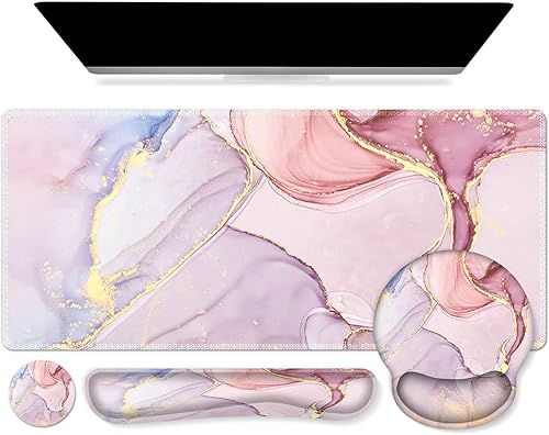 Miniatura 13 de iCasso - Alfombrilla de mouse, juego grande de alfombrillas de escritorio rosa, 4 en 1 XXL, alfombrilla de mouse + reposamuñecas para teclado +