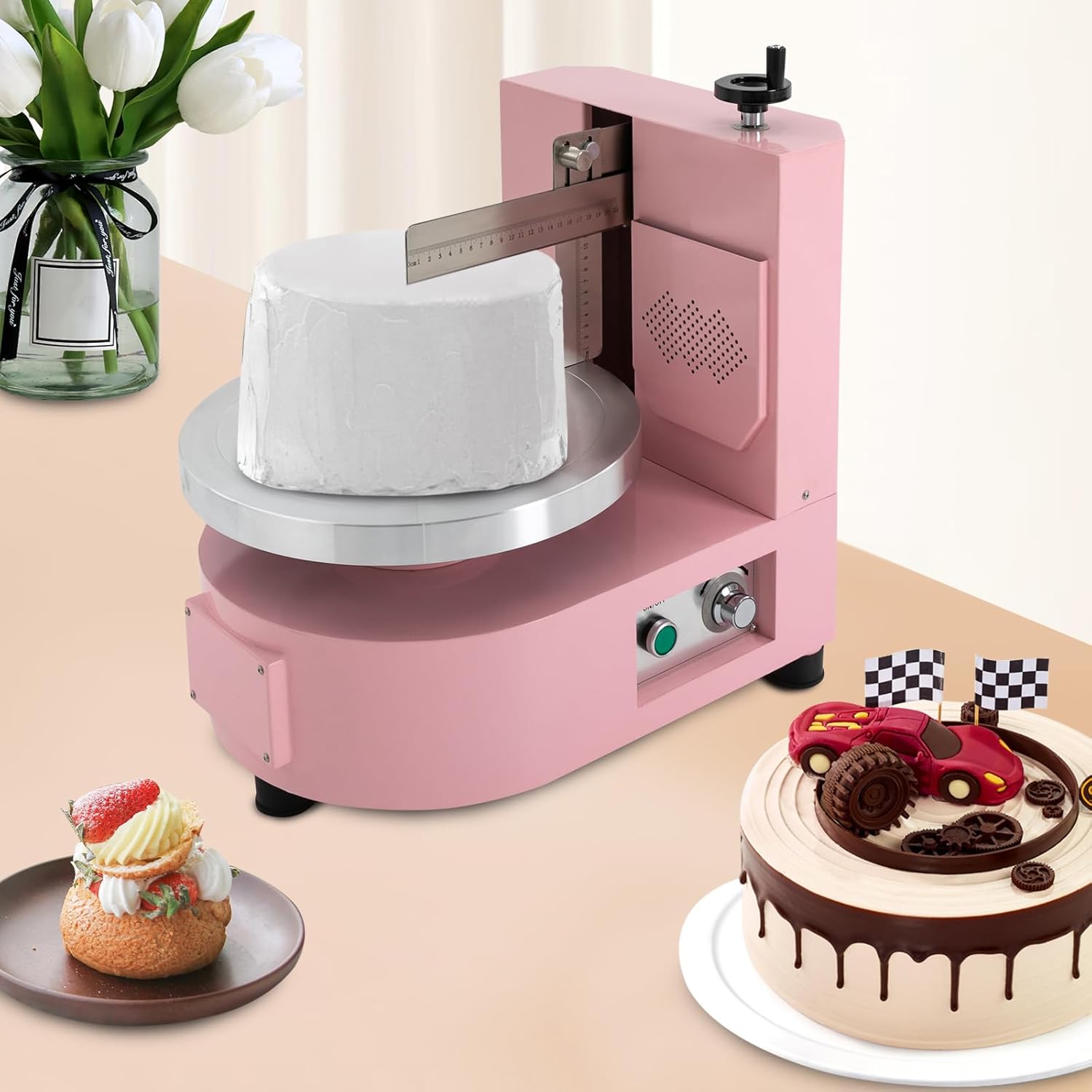 Electric Cake Decorating Machine, Automatic Cream Coating Spreading Smooth Machine Surface Scraper for 4-12 inch Cakes, Adjust Height (mechanical model 4-12 inches PINK)