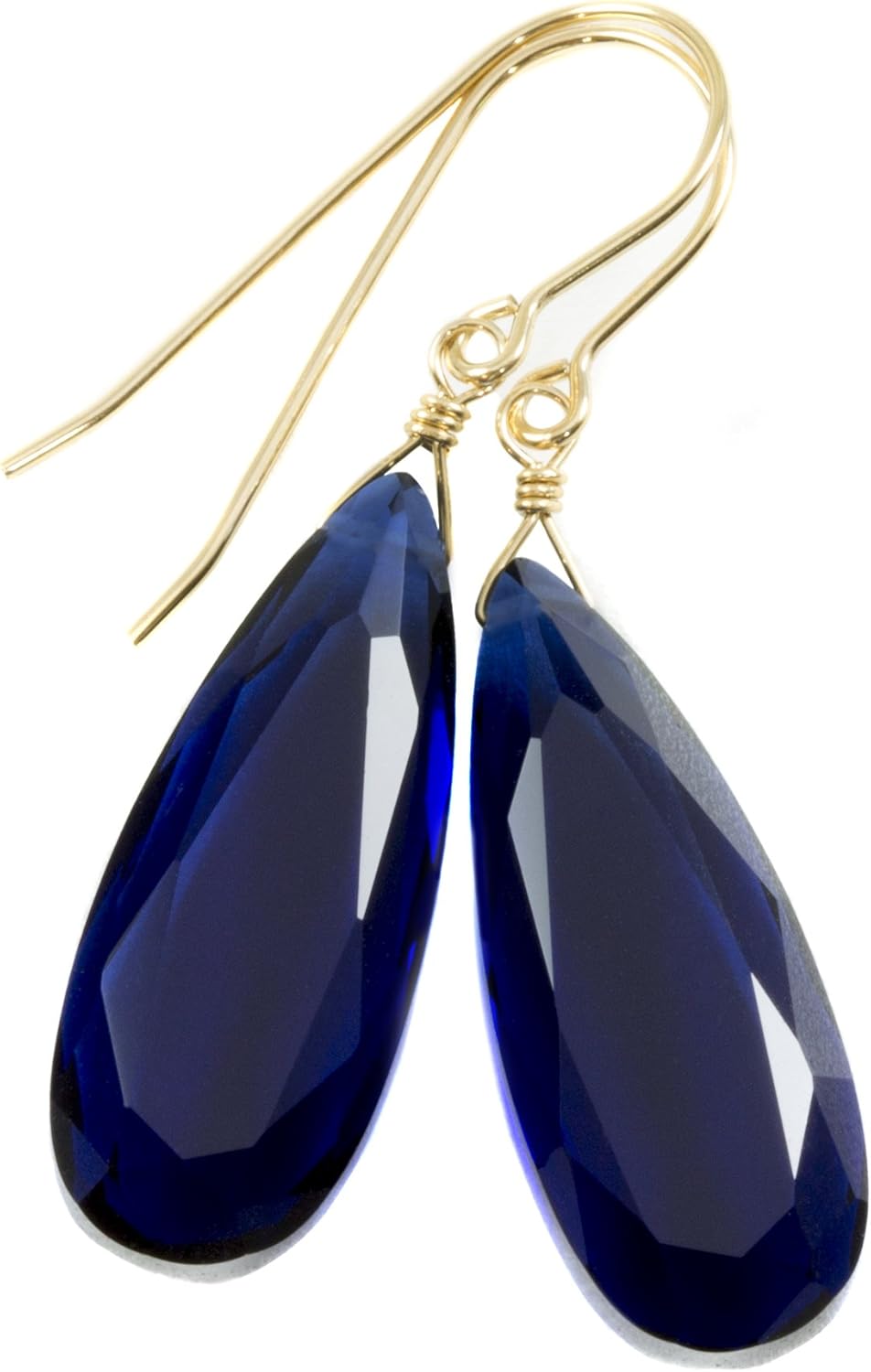 Dark Blue Simulated Sapphire Earrings Faceted Teardrops Simple Dangle Drops 1.7"