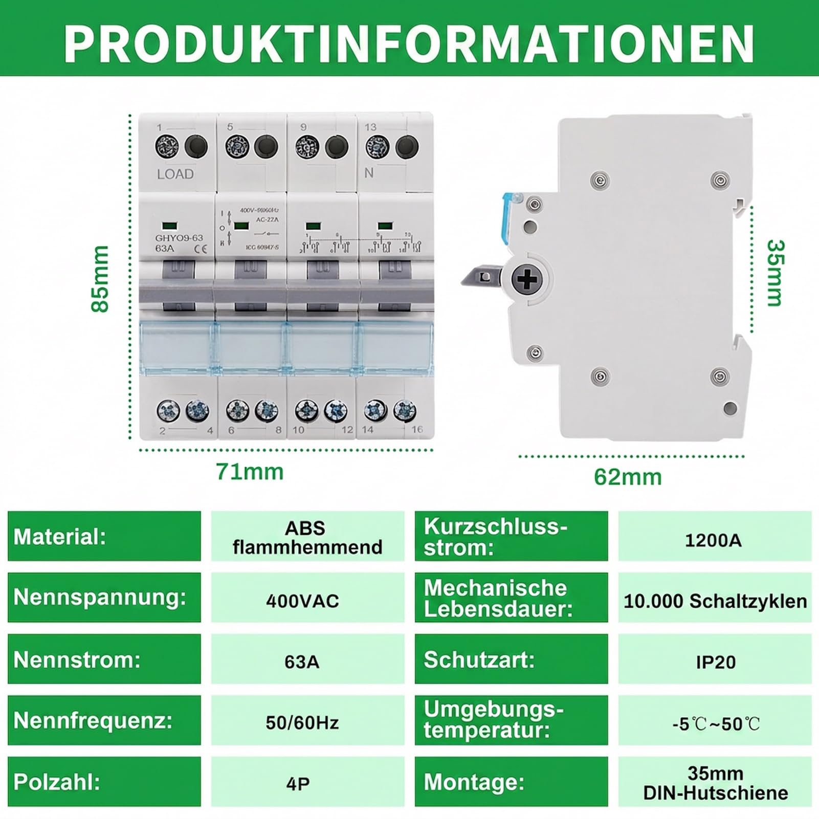Umschalter 4P 63A Lasttrennschalter Dual Power Manual Transfer Isolating Switch AC 400V Manueller Übertragungsschalter mit doppelter Leistung mit Leistungsanzeige DIN-Schiene Montage.