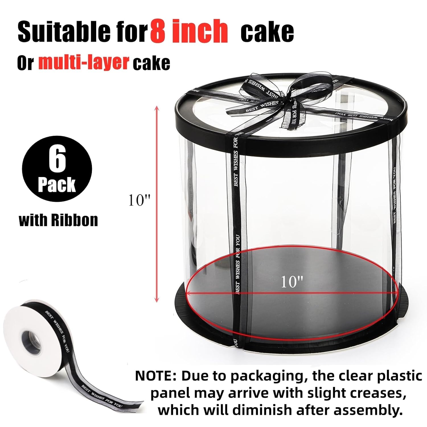 6 Pack Clear Round Cake Box with Ribbon, Tall Cake Box Carrier, Tiered Transparent Cake Packaging Boxes 10x10x10 Inch, PET Cake Containers with Boards for Birthday Wedding Party
