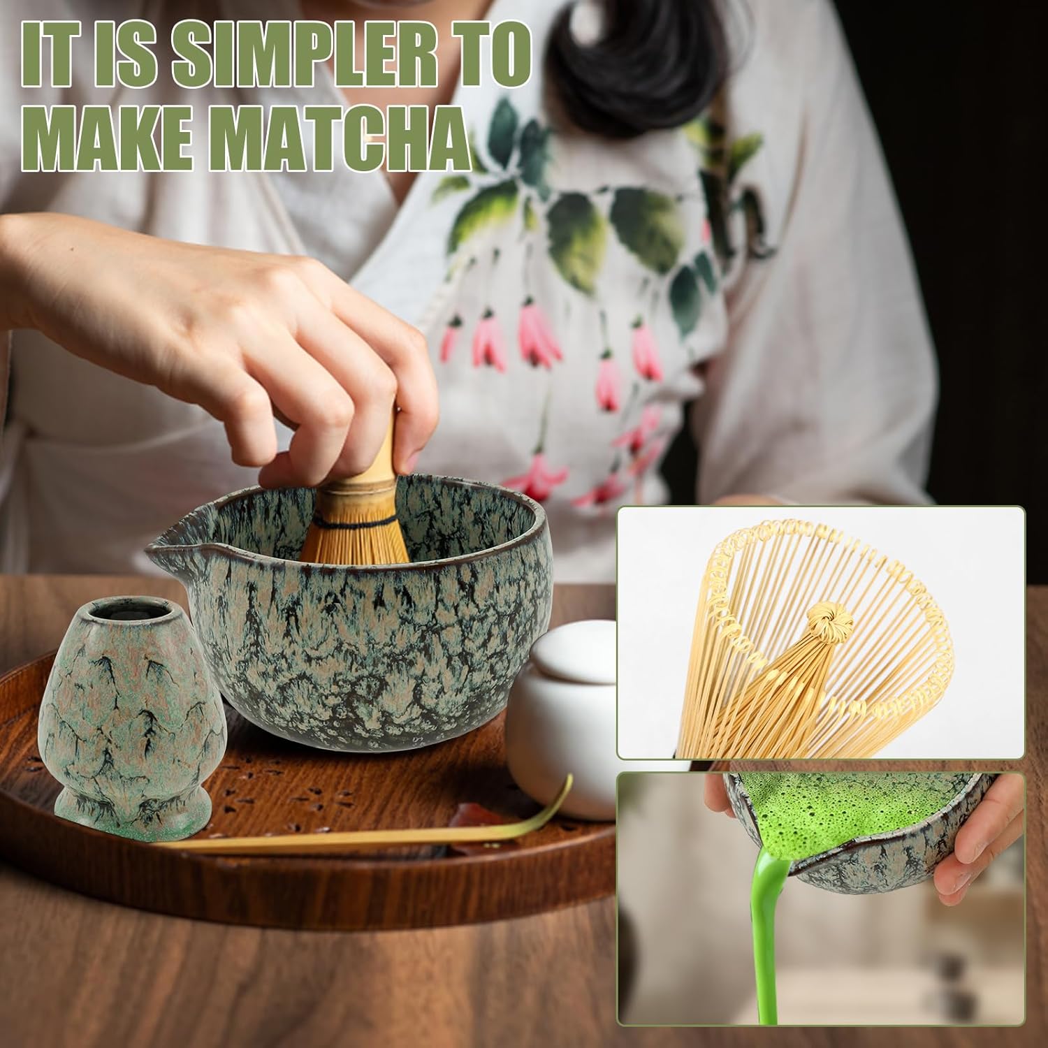 6 Pcs Matcha Whisk Set Elegant Matcha Set Japanese Tea Includes Whisk Holder Ceramic Bowl Stainless Steel Sifter Tea Scoop Wood Spoon for Beginners Home(coffee green)
