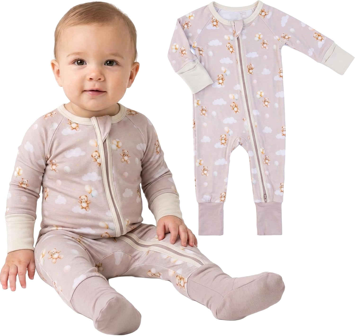 Baby Blues & Pink Viscose from Bamboo Baby Pajamas, 2-Way Zipper Convertible Footie Sleeper, Boys & Girls